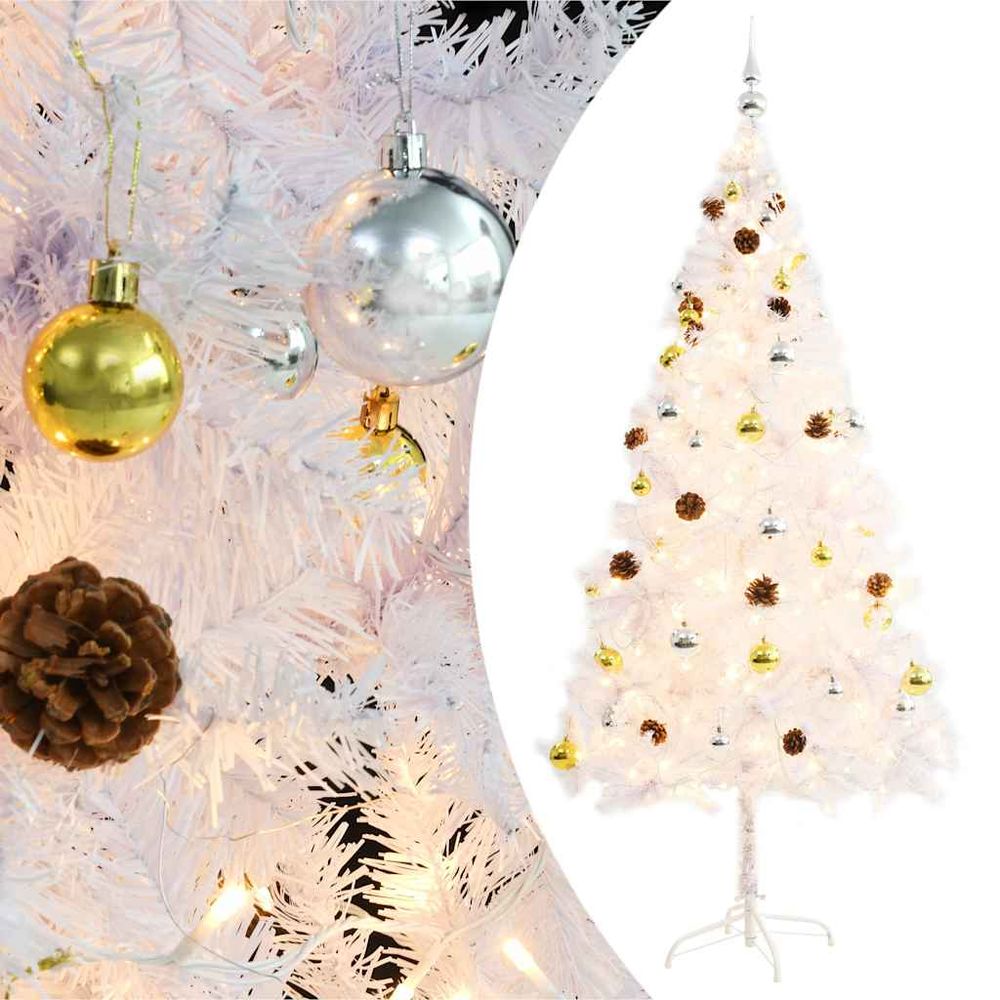 Sapin de noël artificiel pvc blanc illuminé avec décorations 180 cm