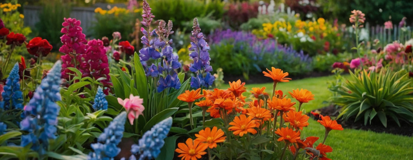 Panorama sur un parterre de fleurs vivaces dans un jardin de particulier
