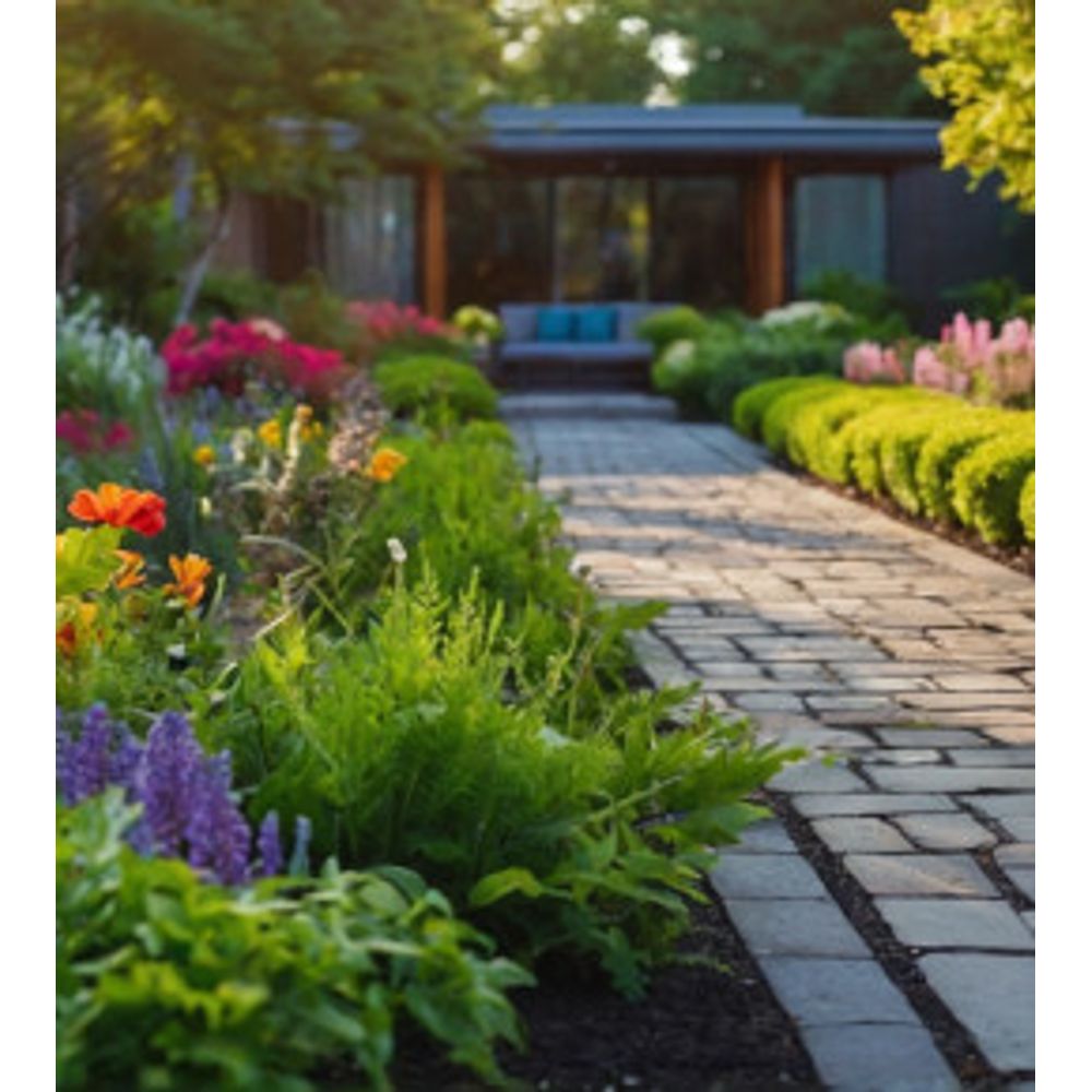 Photo d'un jardin rectangulaire aménager de manière à bien positionner les fleurs et autres plantes.