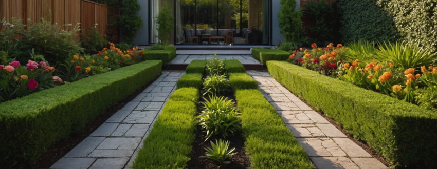Prise de vue d'un jardin rectangulaire aménagé de façon harmonieuse par la disposition des plantes et des pots de fleurs