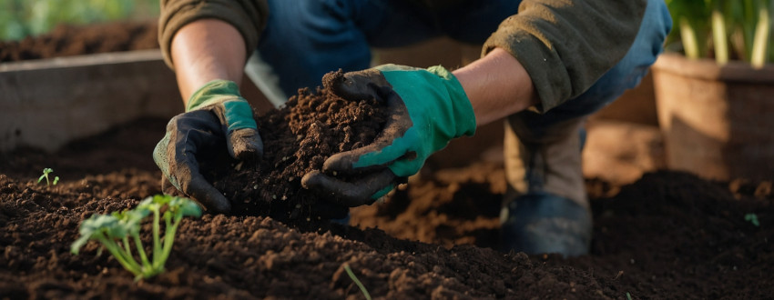 Une personne qui seme du persil dans un potager