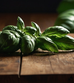 Petit pot contenant un plant de basilic posé dans une cuisine