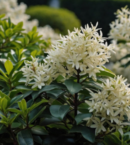 Focus sur un arbuste de Ligustrums avec une légères floraisons sur le bout des branches.