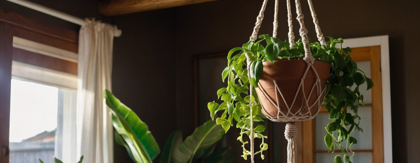 Un Scindapsus dans un pot suspendu dans une pièce intérieur lumineuse