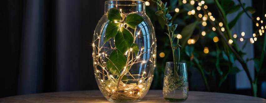 Vase à la décoration soignée avec des plantes et des luminaires