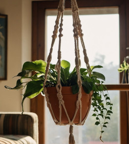 Gros plant sur un pot suspendu d'ou sortent des feuilles de Scindapsus