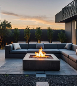 Aménagement moderne centré autour d'un brasero