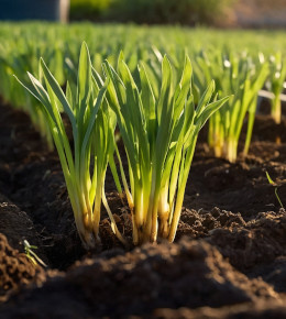 Gros plan sur un semi de poireau en cours de pousse au milieu d'un champ potager
