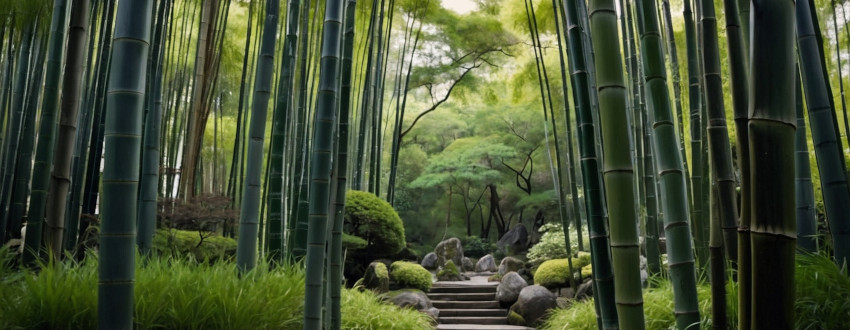 Paysage zen et verdoyant bordé de bambous géant