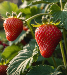 Focus sur des fraises à même le fraisier remontant