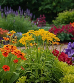 Gros plan sur un bout de jardin constitué d'un parterre de fleurs vivaces qui se maris avec les couleurs et l'ambiance de la scene.