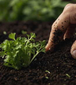 Gros plan sur une personne qui control une pousse de persil après le semi