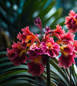 Fleurs exotiques avec feuilles de palmiers en arrière-plan
