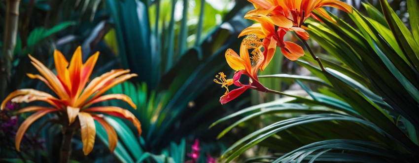 Massif de plantes exotique aux couleurs vivent pour mettre en valeur des palmiers