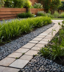 Allée de gravier et de dalle propre après un retrait de l'ensemble des mauvaises herbes