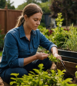 Femme retirant les mauvaises herbes d'un jardin dans le respect de la biodiversité