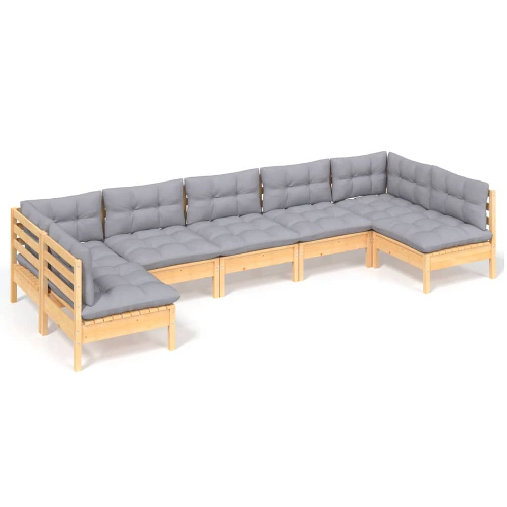Salon de jardin 7 pcs avec coussins gris bois de pin massif