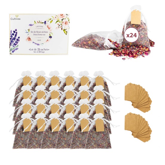24 sachets de fleurs séchées et pétales de rose et lavande