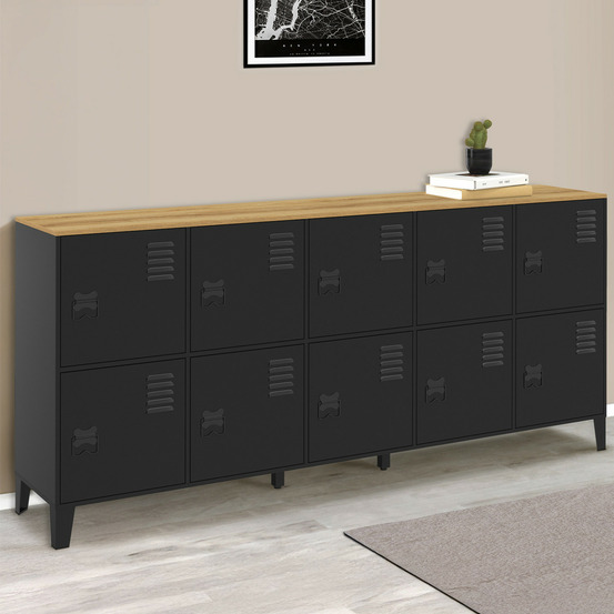 Buffet casier 180 cm ester 10 portes en métal noir plateau bois design industriel