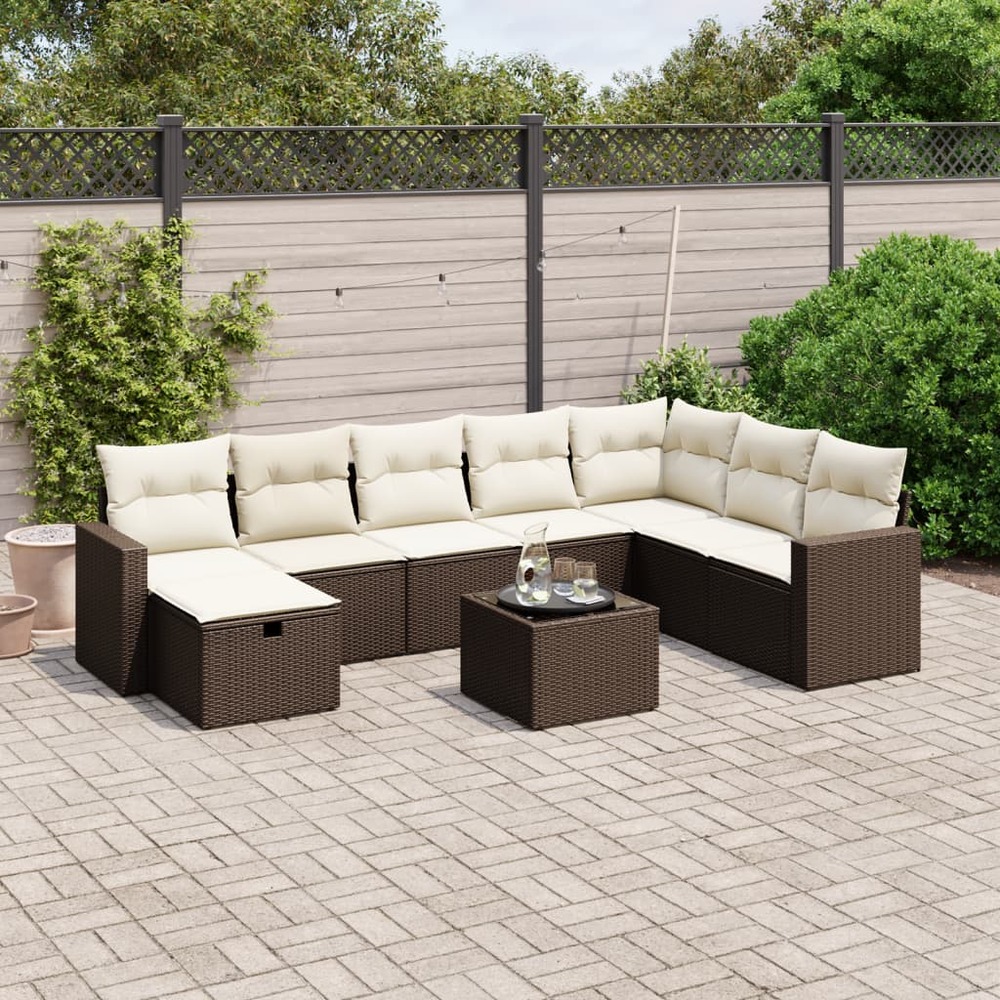 Salon de jardin avec coussins 9 pcs marron résine tressée