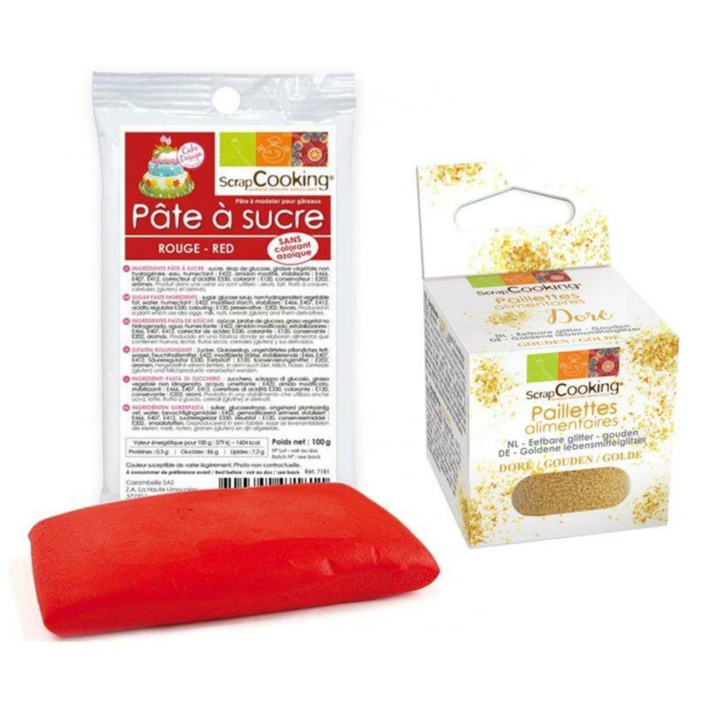 Pâte à sucre rouge 100 g + paillettes dorées