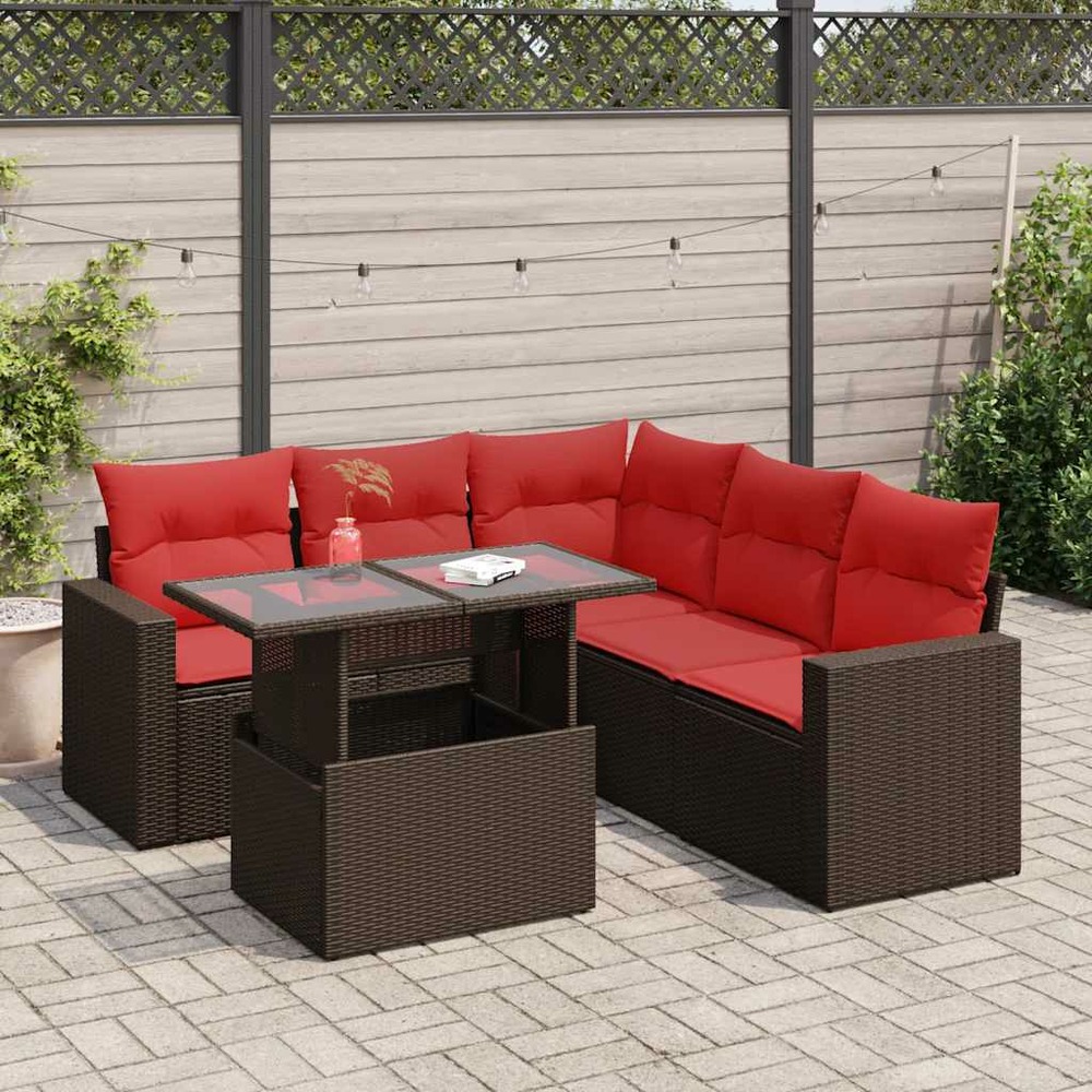 Salon de jardin avec coussins 6pcs marron résine tressée acacia