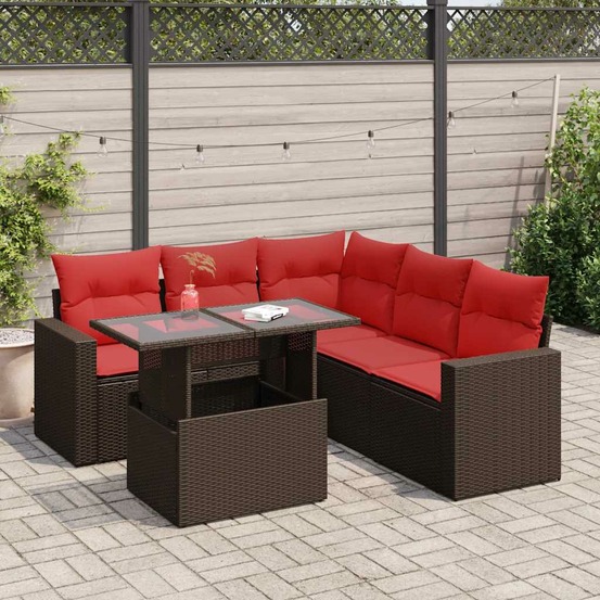 Salon de jardin avec coussins 6pcs marron résine tressée acacia