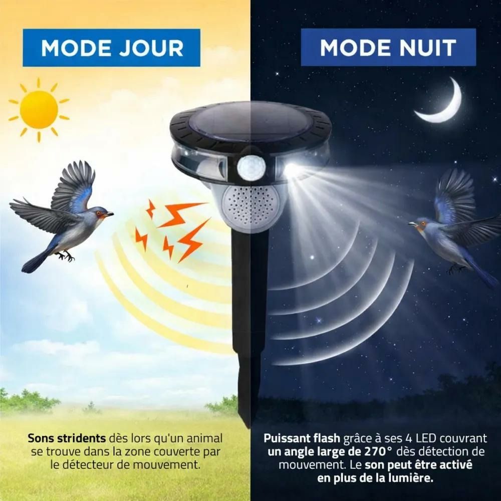 Répulsif anti-oiseaux solaire à sons et flashs avec détecteur de mouvement