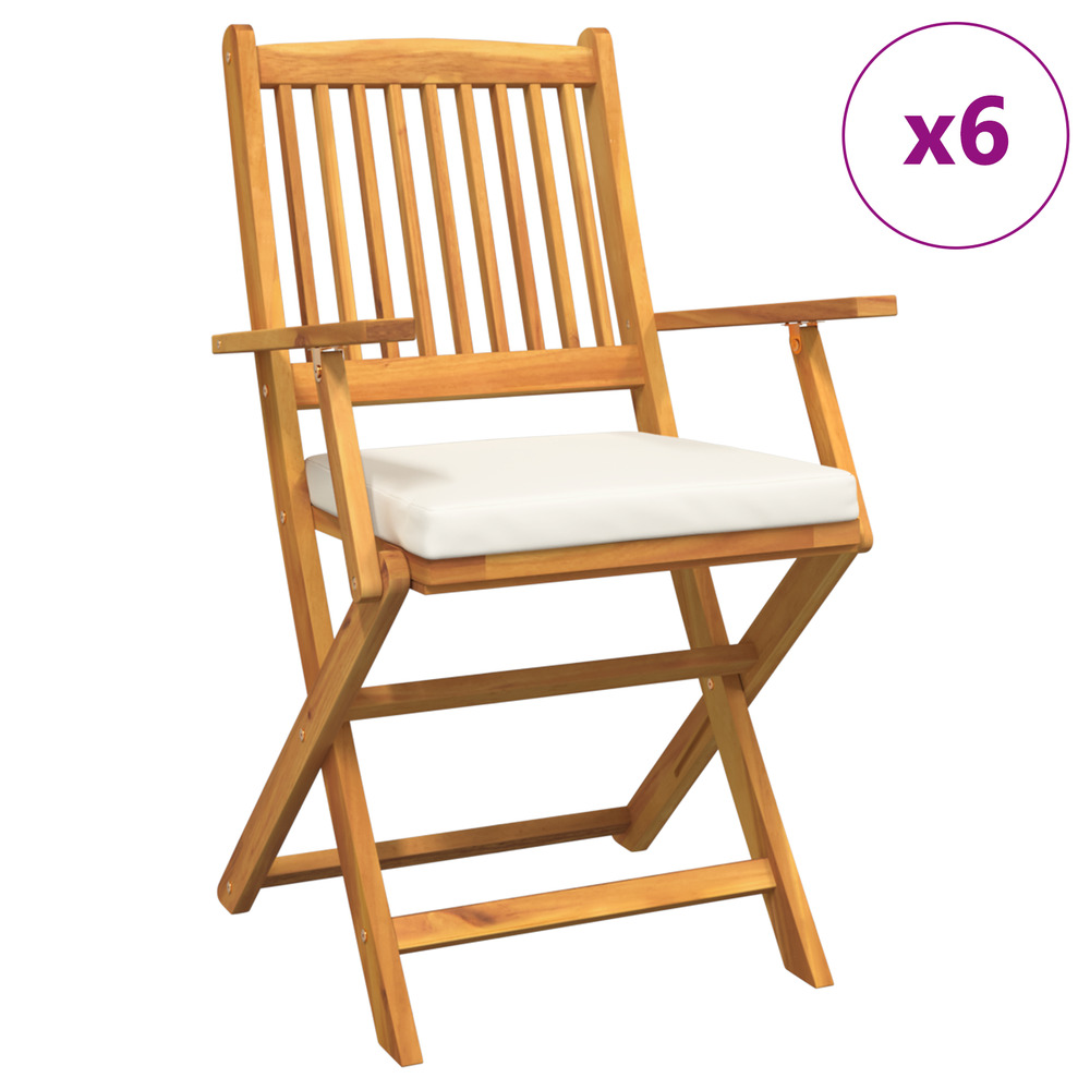 Chaises de jardin pliantes avec coussin blanc 6pcs en bois d'acacia massif