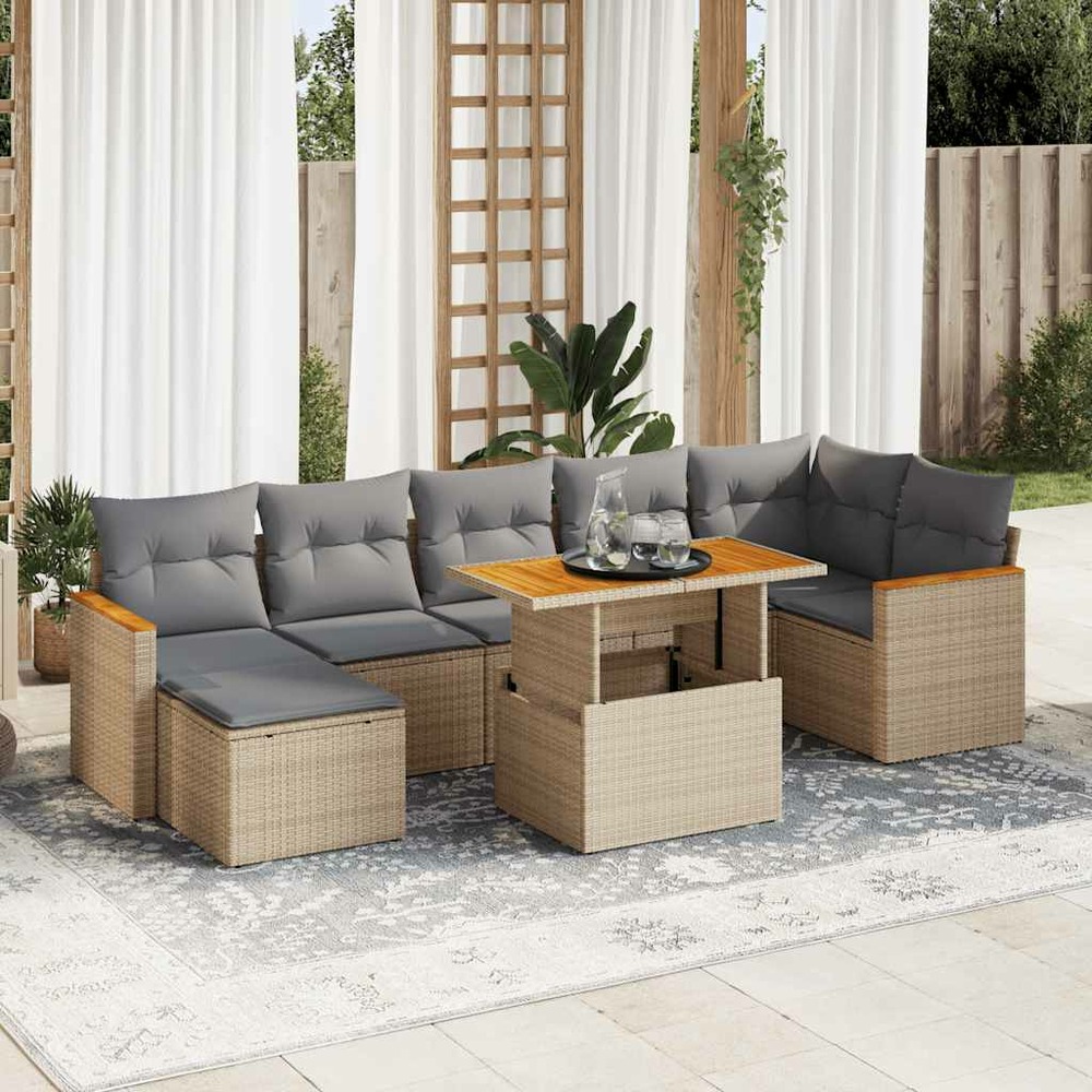 Salon de jardin avec coussins 8 pcs beige résine tressée acacia