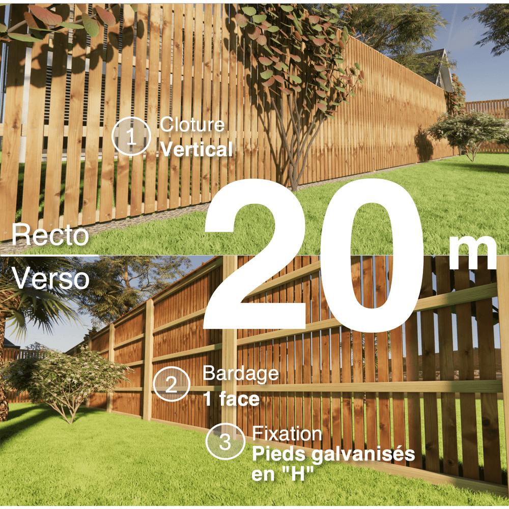 Kit clôture bois moderne 20m – h 2,3m – 20 x 70 mm autoclave marron – pose vertical – simple face – support galva