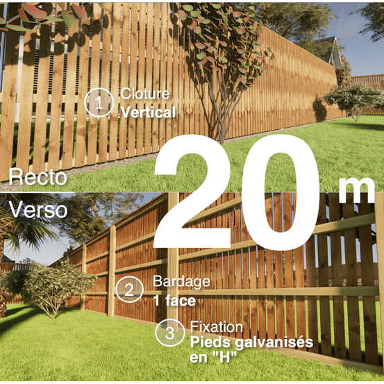 Kit clôture bois moderne 20m – h 2,3m – 20 x 70 mm autoclave marron – pose vertical – simple face – support galva