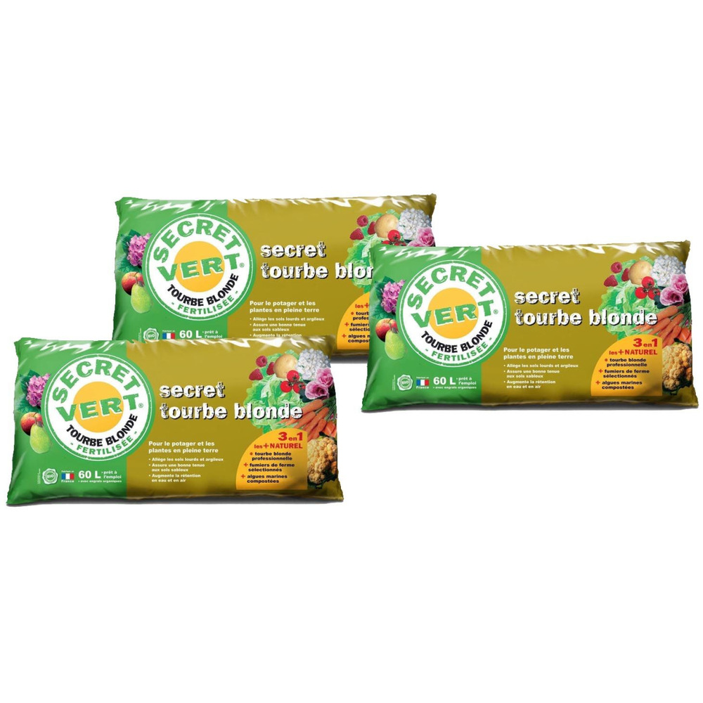 Tourbe blonde potager et plantes en pleine terre 60 litres (lot de 3)