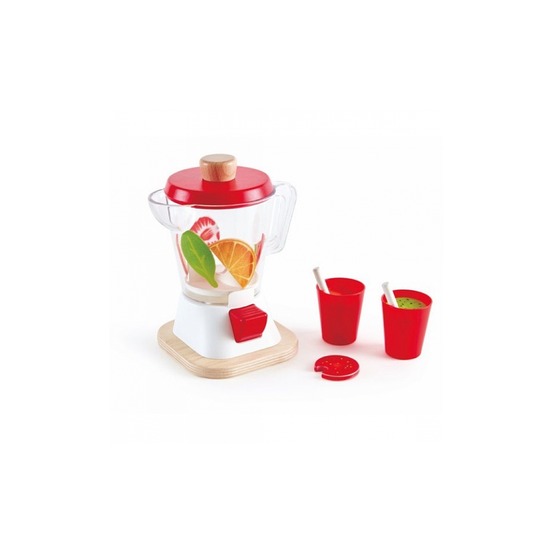 Blender à smoothies en bois avec fruits et verres pour enfants