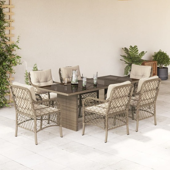 Ensemble à manger de jardin et coussins 7 pcs beige poly rotin