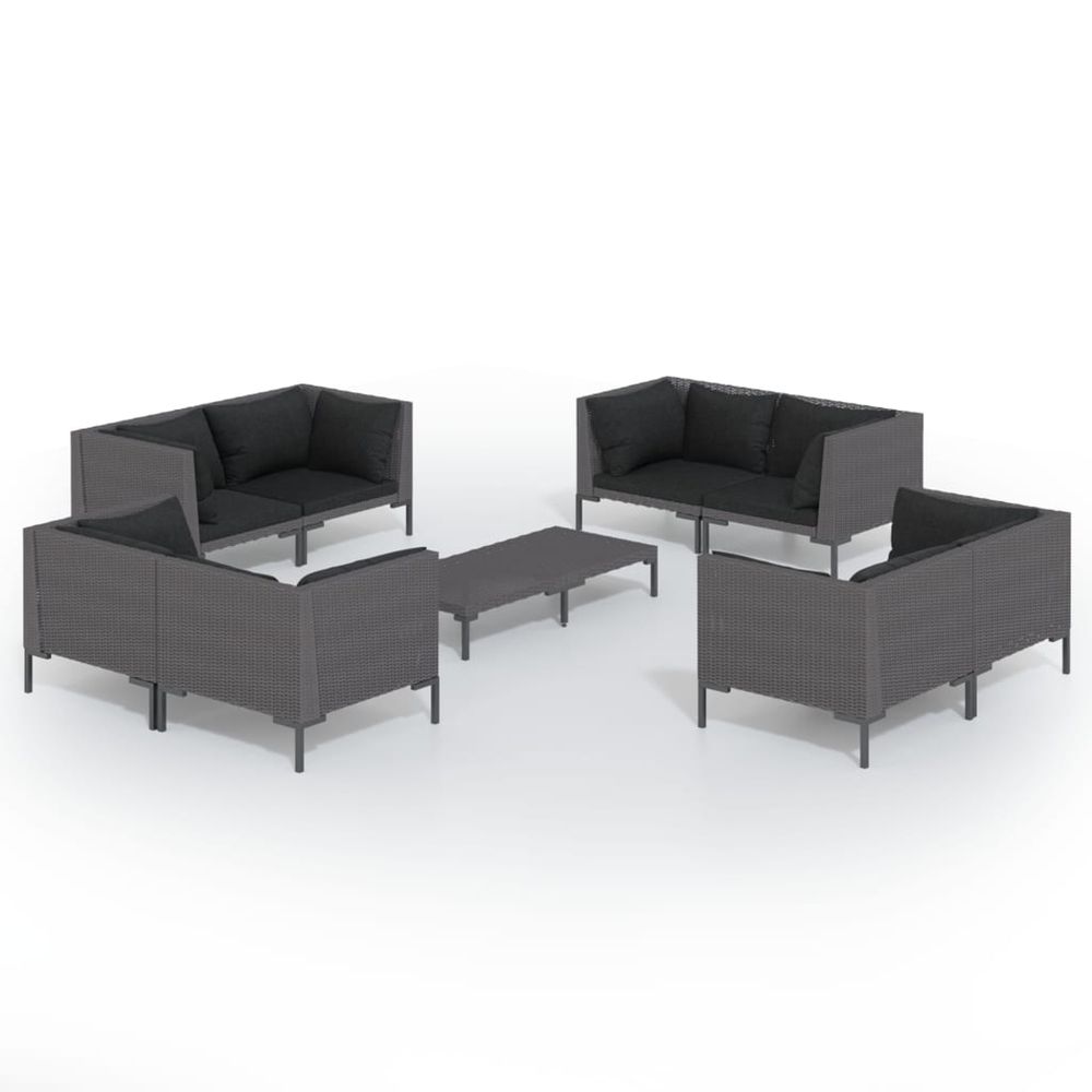 Salon de jardin 9 pcs avec coussins résine tressée gris foncé