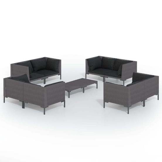 Salon de jardin 9 pcs avec coussins résine tressée gris foncé