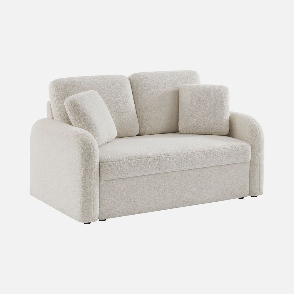 Canapé 2 places cosy rond, tissu bouclettes blanches, milano, l 150 x p 85 x h 85cm
