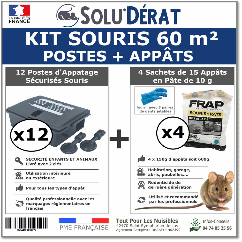 Kit souris 60 m² avec 12 postes d'appâtage sécurisés et 4 sachets de 150g d'appâts en pâte - solu'dérat