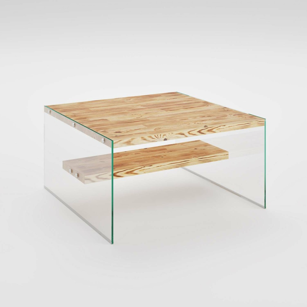 Table basse carrée 1 étagère crystallia en bois massif - marron clair