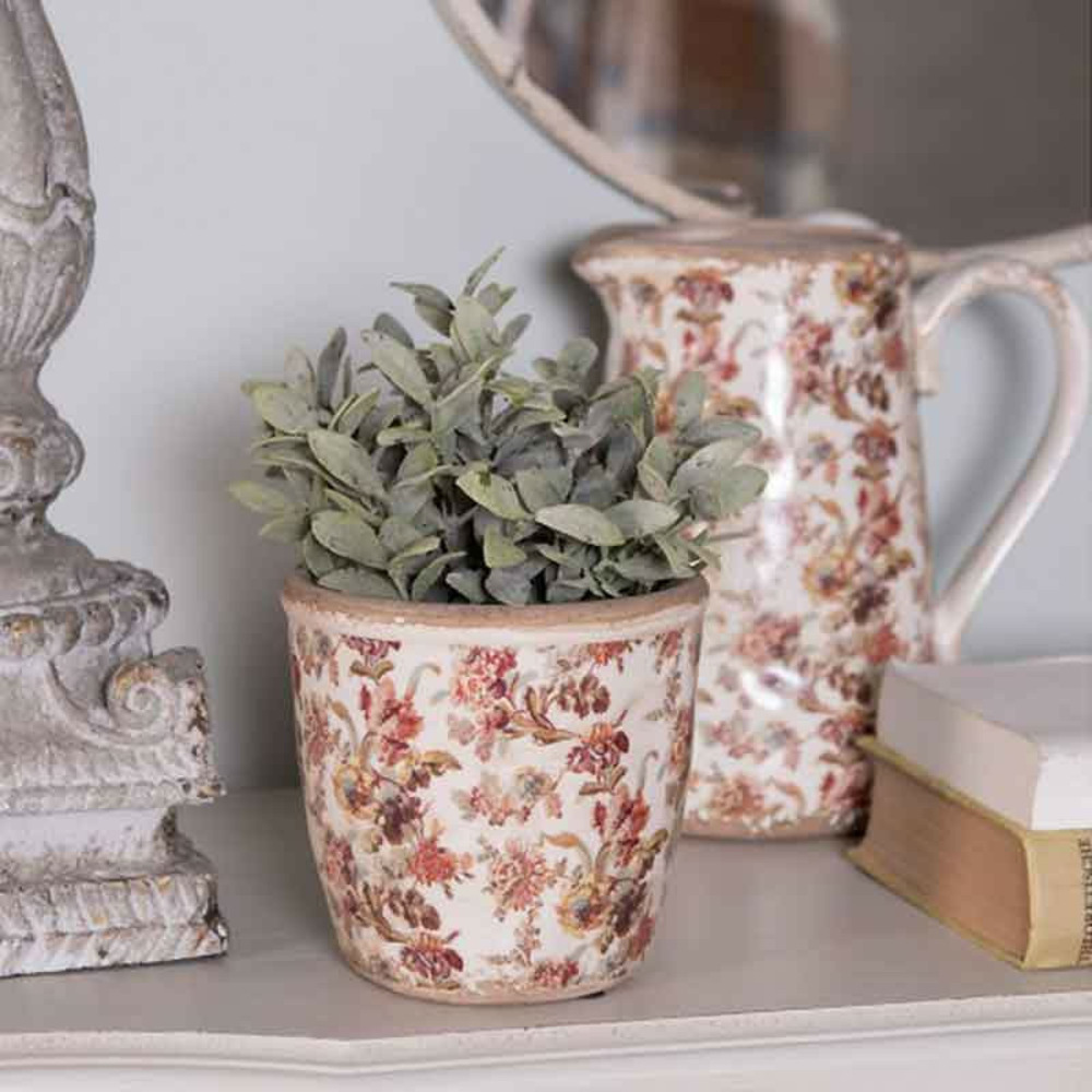 Pot motif floral rose céramique beige 13x14x14cm