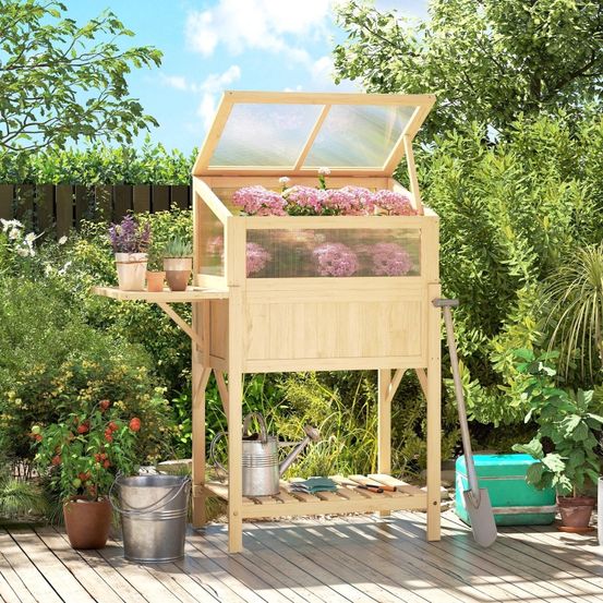 Carré potager sur pied avec serre bois pour balcon culture ergonomique 104x50x120cm naturel