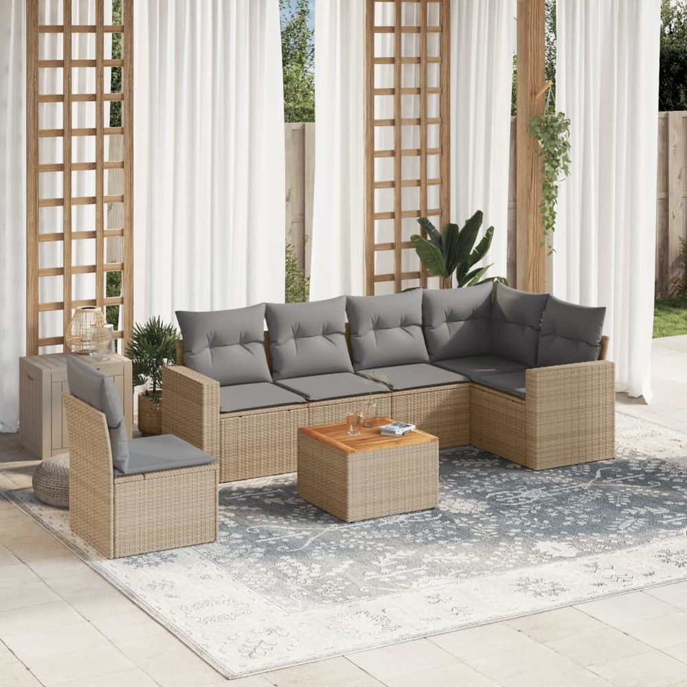 Salon de jardin avec coussins 7 pcs beige résine tressée