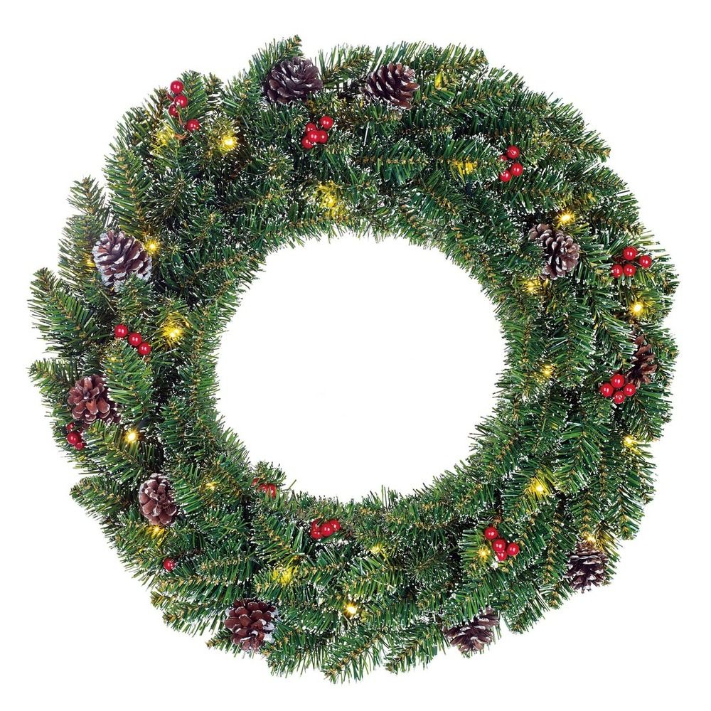 Black box trees creston led pour noël - couronne lumineuse noël avec effet givré et pommes de pin - couronne de porte de noël avec