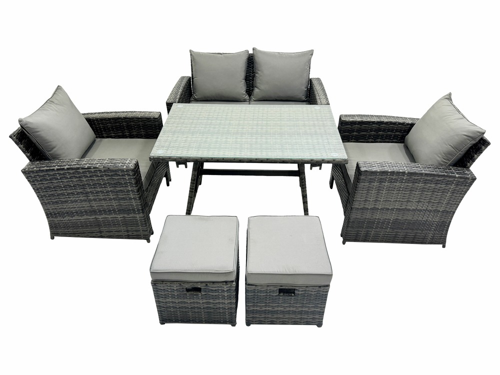 6 places ensemble de canapé en rotin extérieur avec table à manger 2 petits tabourets gris foncé mixte