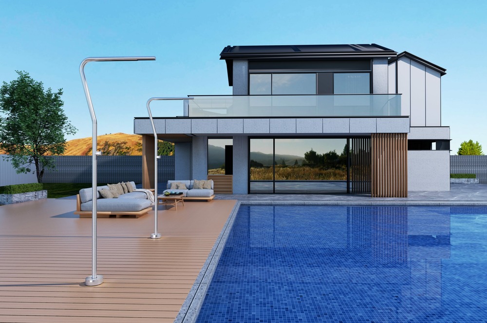 Douche de piscine en acier 316 avec diffuseur anticalcaire et robinet monofor