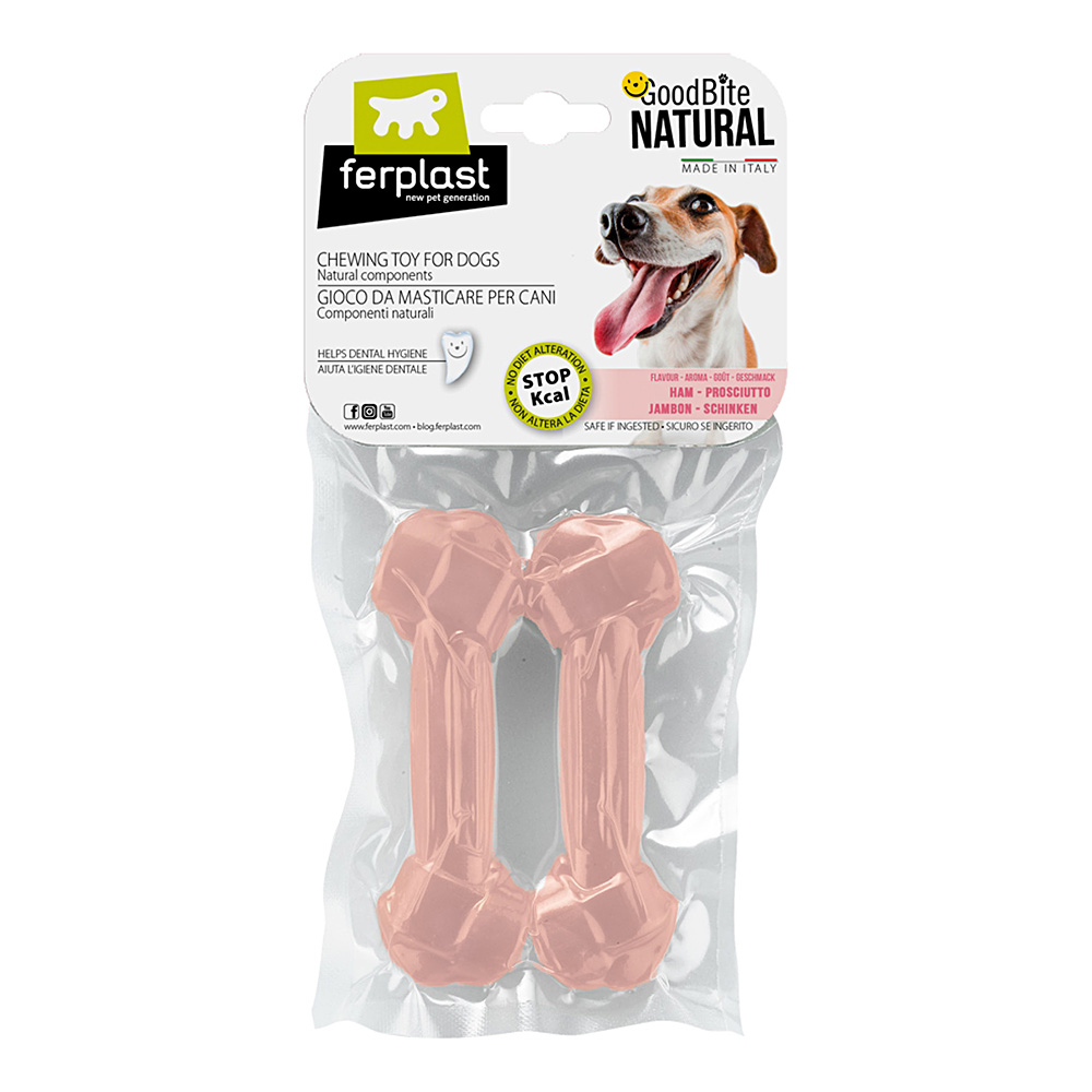 Ferplast goodbite natural m jouet os pour l'hygiène dentaire, saveur de jambon,  chien moyen (8-16 kg), naturel, 2 pièces de 70g