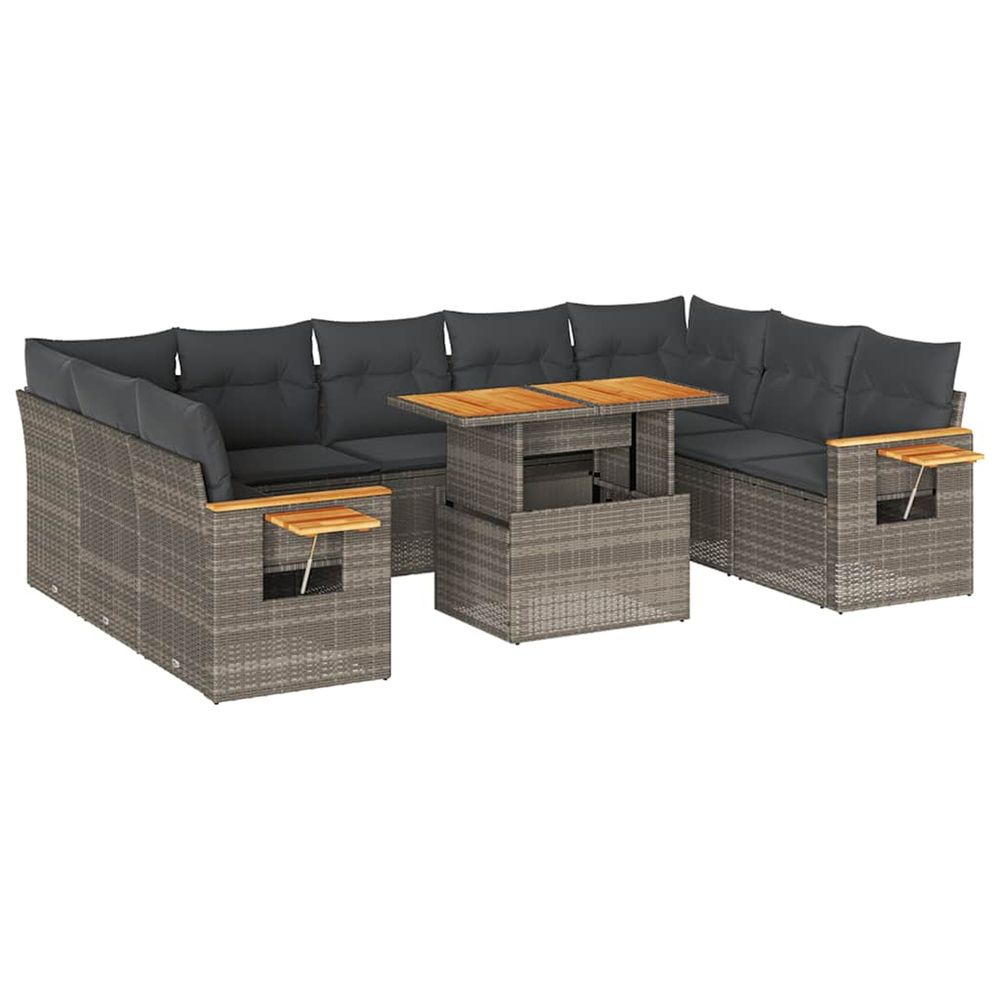 Salon de jardin avec coussins 10 pcs gris résine tressée acacia