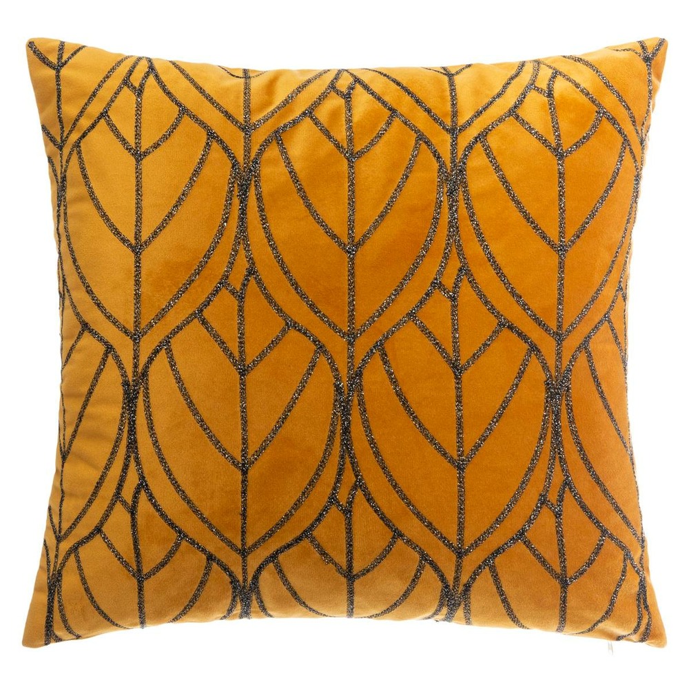 Coussin lurex en velours brodé jaune moutarde 40x40 cm