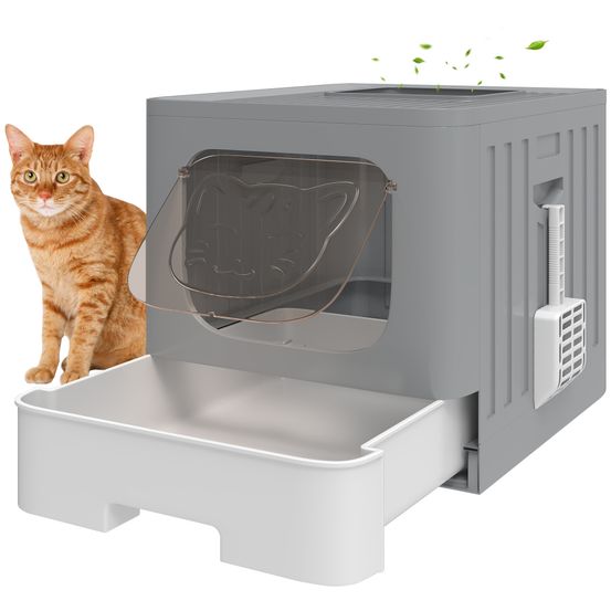 Maison de toilette pliable pour chat avec tiroir nettoyant et pelle gris